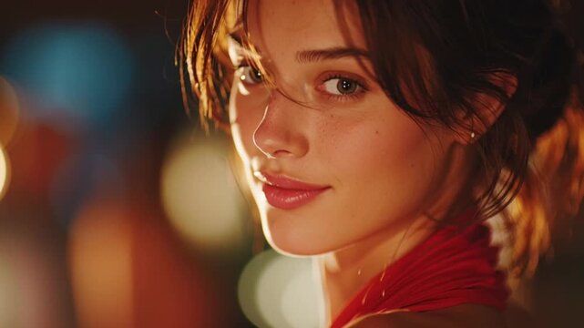 Young woman with brown hair turns her head, showcasing a vibrant red top against a softly blurred background of lights and colors