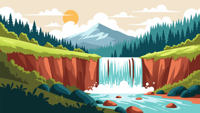 Beautiful landscape vector illustration of a majestic waterfall cascading down a rocky cliff surrounded by lush green trees and a snow-capped mountain under a sunny sky