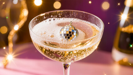 Champagne cocktail with a mini disco ball in a coupe glass on a party background.