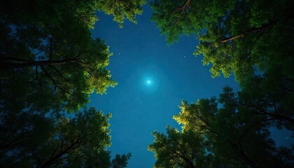 Fototapeta premium View looking up through green tree tops at a clear night sky filled with stars. A bright celestial body glows in the center of the deep blue expanse.