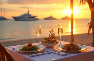 Obraz premium Table for two set on sandy beach at sunset with champagne and food. Yachts float on sea, palm tree nearby. Romantic oceanfront dinner for couple vacation or celebration.