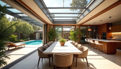 Luxury home dining area with retractable glass roof opens to pool patio. Modern kitchen island bar with stools. Open plan living space blends indoors and outdoors for entertainment.