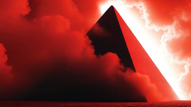 Dark pyramid structure shrouded in red mist and clouds, surreal lighting, glowing sky background, concept of mystery and ancient power