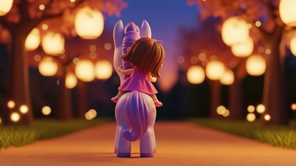 Lavender pony gently carrying a little girl on its back under glowing lanterns in a park