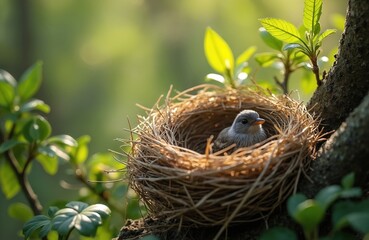 Fototapeta premium Tiny bird sits in cozy twig nest on tree branch in spring forest. New life hatches in natural habitat. Soft green leaves surround delicate home. Bird waits for parent.