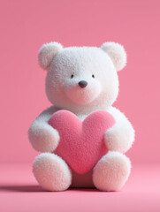 cute white teddy bear holding a large heart, against a pink background