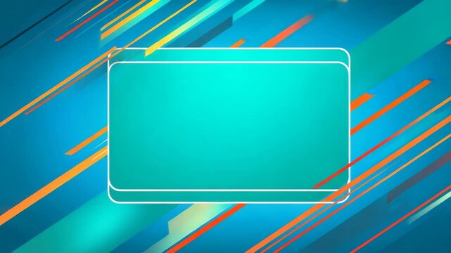 Abstract turquoise and blue background with colorful slanted lines and a central blank frame, digital style, modern tech concept