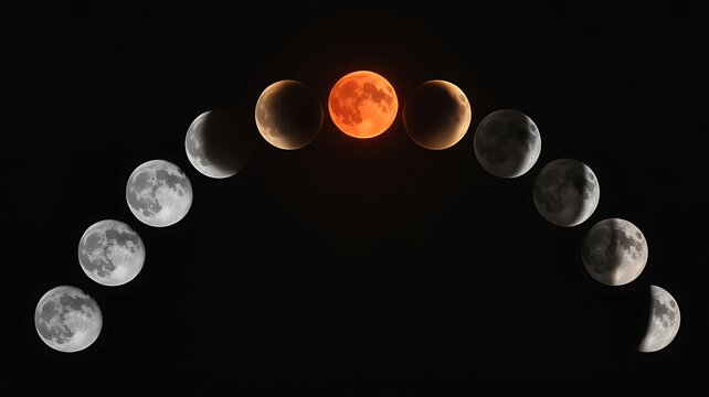 Lunar eclipse timeline blood moon totality dark space background photo