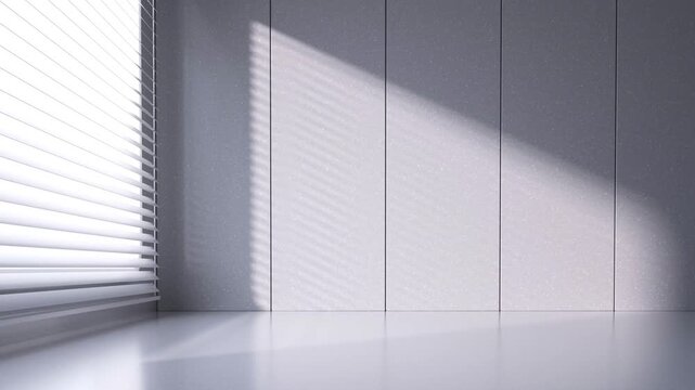 Sunlight passing through window blinds creating moving shadows on wall and floor