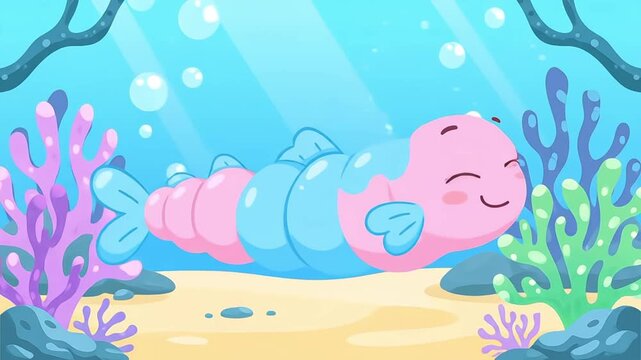 Cute Cartoon Pink Blue Shrimp Underwater Sea Ocean Nature Illustration
