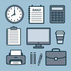 Office and business supplies set.A wall clock, daily planner, calculator, notepad, computer, coffee cup, printer, pencils, pen, briefcase. Vector illustration in flat design style.