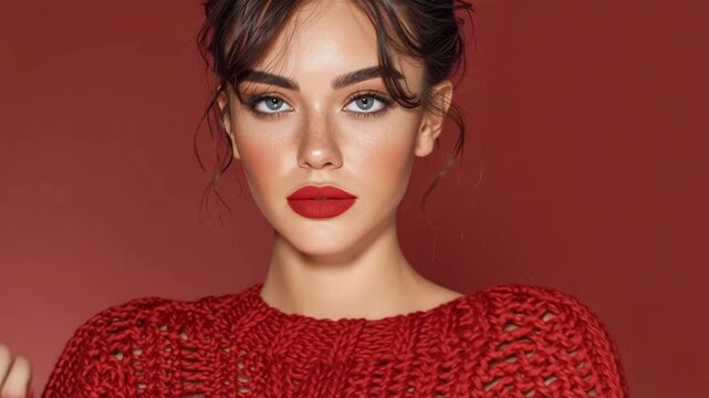 Young woman with long dark hair poses confidently in a cozy red sweater against a solid red background, showcasing her makeup and expression