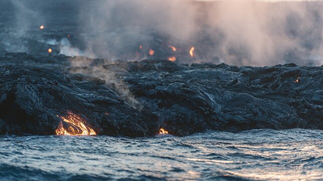 meson. Lava meeting ocean, forming black volcanic rock with rising steam at sunset. inspiring travel planning, travel magazines, designed for travel destination branding, used by nutritionists.