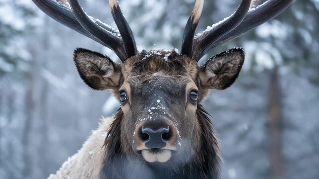 Elk standing in cold forest with strong antlers and calm winter presence