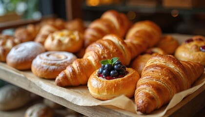 Assorted fresh baked pastries and buns fill wooden tray in shop. Croissants cinnamon rolls danishes. Sweet delicious treats arranged. Tasty bakery display.