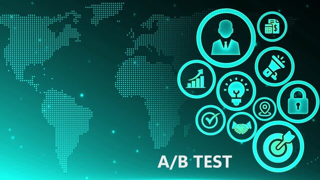 A/B testing concept with glowing icons on digital world map background for business optimization and data analysis