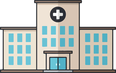 Naklejka premium A simple cartoon style illustration of a modern hospital building with a prominent cross symbol
