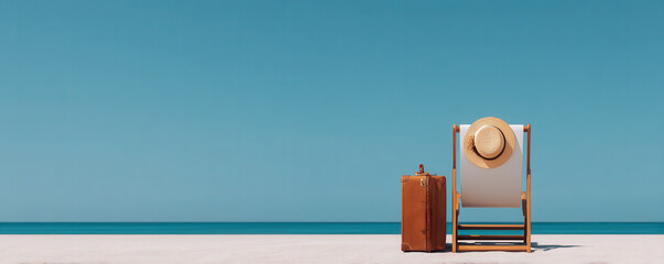 Relaxing beach vacation journey with luggage serene coastal environment panoramic view for ultimate travel experience