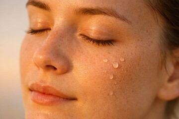 Fototapeta premium Woman With Closed Eyes And Tears In Soft Light. Emotional wellness portrait showing release, healing, and deep self-awareness.
