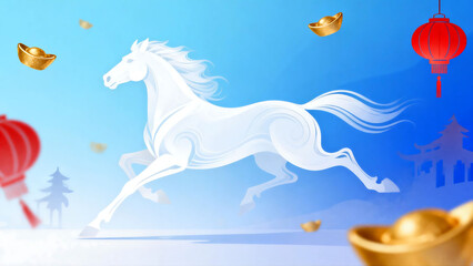 Spring Festival Running Horse Illustration with Blue Background