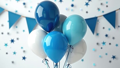 Naklejka premium Bright blue, white balloons tied with ribbons float against festive background with pennant banners, scattered stars, suggesting cheerful party atmosphere, ideal for birthdays, celebrations,