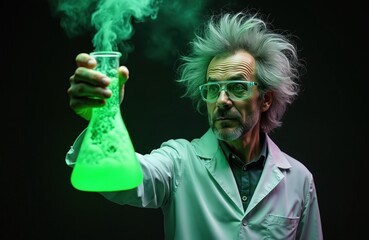 Obraz premium Mad scientist holds glowing green beaker emitting smoke in dark lab. Wild gray hair scientist wears glasses and lab coat, focused on toxic liquid experiment.