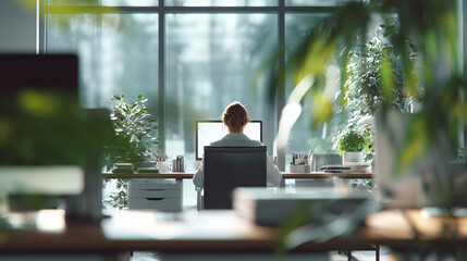 A realistic and professional office interior featuring the back of a businesswoman working at a desk with a monitor, surrounded by lush green plants in a bright, modern workspace.