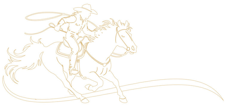 Illustration of a man playing rodeo roping with his horse in line art style