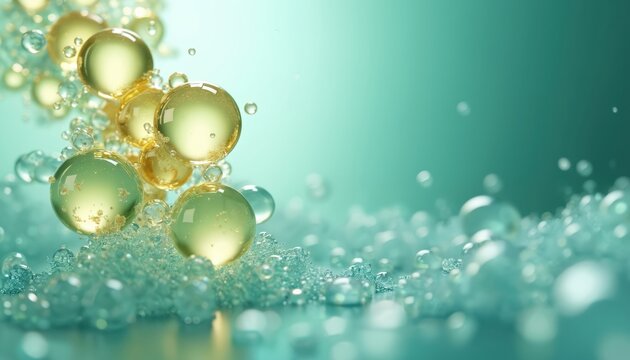 Abstract background with golden oil bubbles and clear liquid spheres. Small water drops and foam form layers. Liquid texture and molecule shapes swirl together.