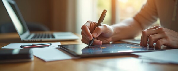 Man works on digital tablet with stylus pen. He uses electronic device for remote work and creative design. Laptop and papers are nearby on desk. Warm light illuminates workspace.