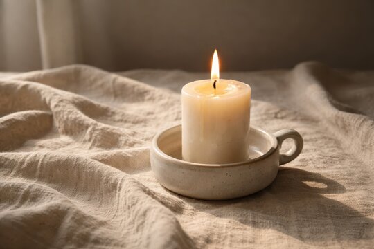Lit Candle In Ceramic Cup On Soft Linen. Peaceful wellness atmosphere with warm flame and gentle texture, encouraging mindfulness, calm, and emotional grounding.