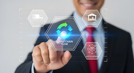 A businessman interacting with a digital supply chain management interface for logistics and transportation