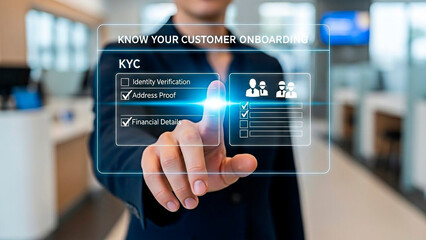 A businessman interacting with a digital interface for customer onboarding in a modern office