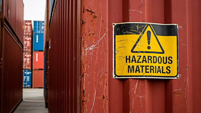 A hazardous materials sign on a red shipping container for the concept of industrial safety and logistics.