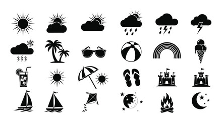 Naklejka premium Collection of black silhouette icons representing weather and leisure activities