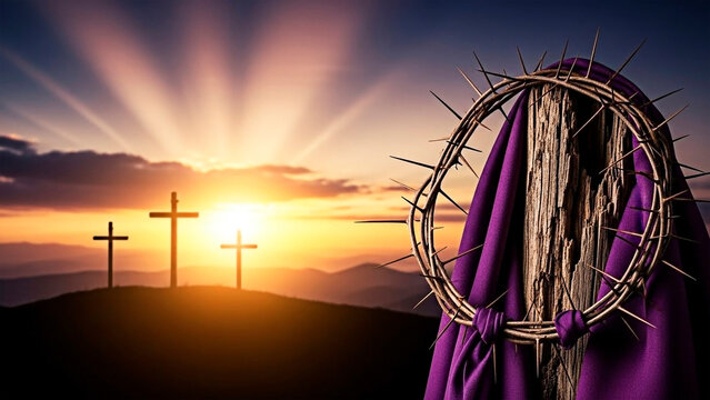 A crown of thorns and purple cloth at sunset with three crosses in the background for the concept of Easter and Christianity