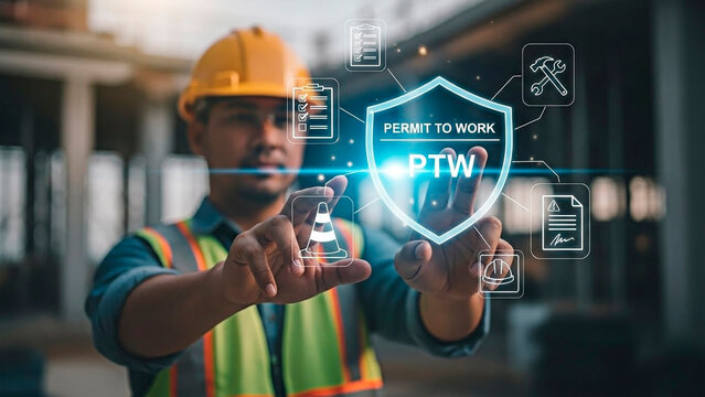 A South Asian man in a construction site interacting with a digital permit to work interface