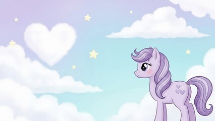 Fairy-tale illustration of a lavender pony gazing at the sky with soft heart-shaped clouds and stars