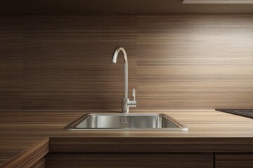 Modern kitchen sink with sleek chrome faucet and warm wood accents.