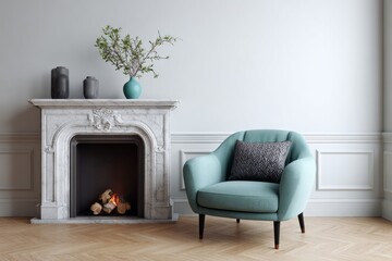 A comfortable armchair sits beside a marble fireplace with burning logs.