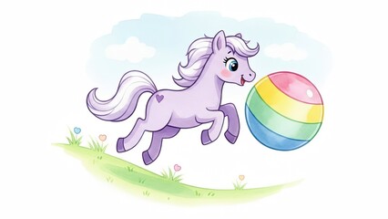 Playful illustration of a lavender pony joyfully jumping with a colorful beach ball on a minimalist grassy background