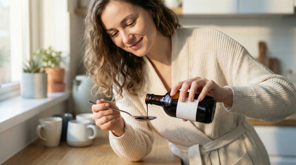 Woman pouring liquid medicine from a dark glass bottle into a spoon at home