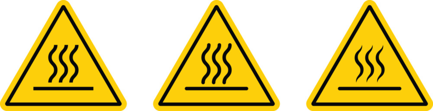 Three Yellow Triangular Warning Signs with Heat Symbols Indicating Hot Surface Hazard