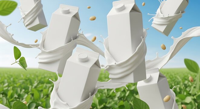 Milk cartons and oats splash in mid-air above a lush green oat field under a clear blue sky
