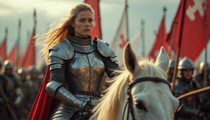 Naklejka premium Woman warrior in metal armor rides white horse leading medieval army with red flags. Blonde leader looks determined with troops behind her. Strong female fighter on battlefield.