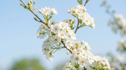 Fototapeta premium Delicate white hawthorn blossoms unfurl against a clear blue sky in springtime