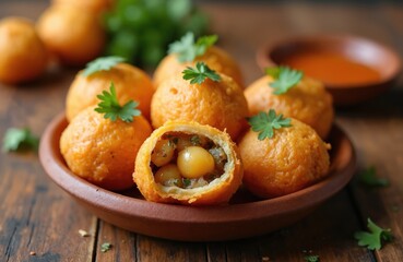 Crispy fried golgappa balls filled with chickpea and potato mix. Served on rustic plate with tangy tamarind water dip. Popular Indian street food snack.