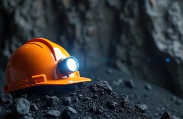 Fototapeta premium An orange miner hard hat with a headlamp rests on a pile of coal. This headwear is essential safety gear for underground work in dark mines. The lamp illuminates the path.