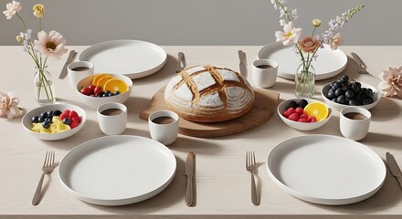 Elegant table setting with white plates and fresh fruit