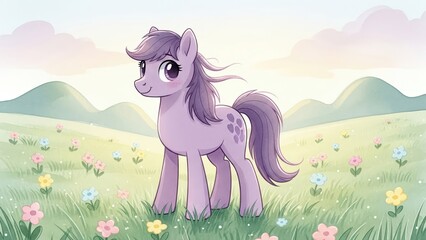 Lavender pony standing on a spring meadow dreamily looking into the distance